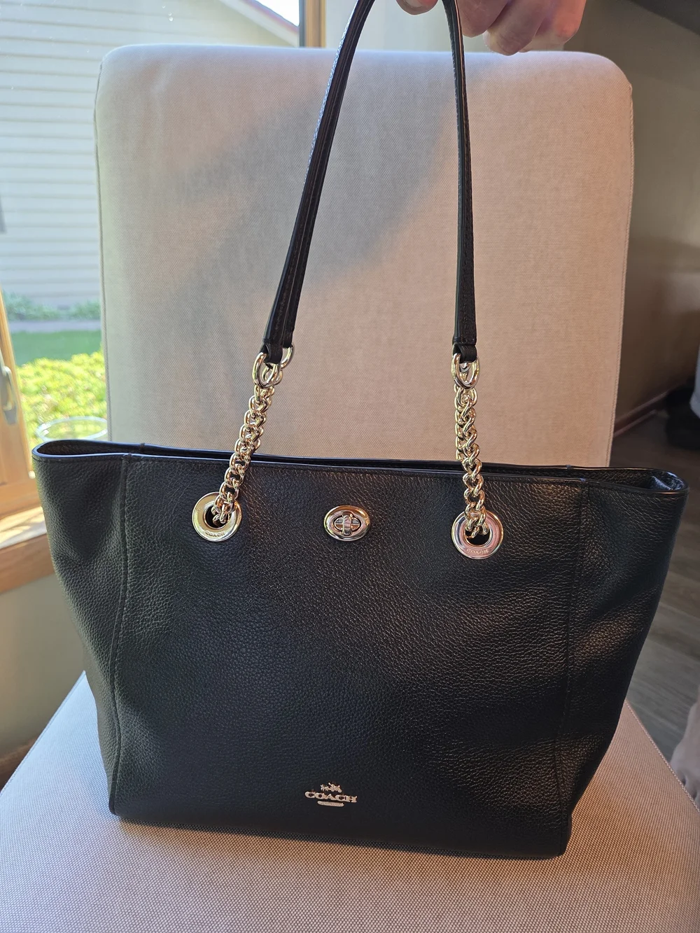 COACH Black Pebbled Leather Turnlock Chain Tote Bag 27 - Style 57107